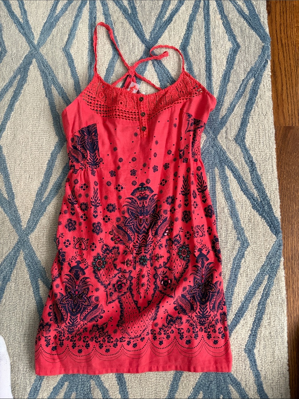Pink Floral Print Sundress with Crochet Yoke